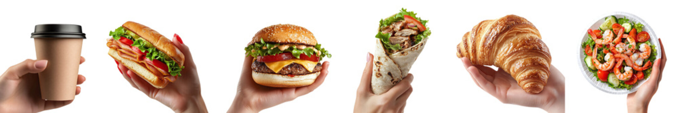 Set of various food items in hands: coffee, shawarma, burger, hot dog, salad, and croissant, isolated on a transparent background PNG, clipping path, template, mockup, and cut out