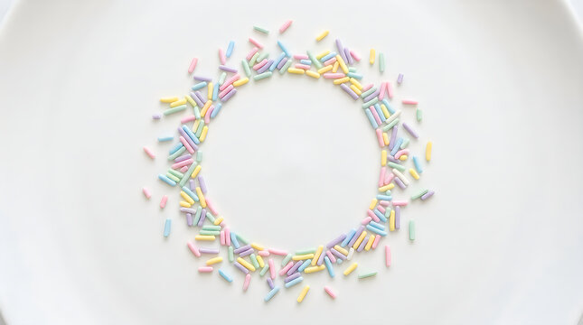 Colorful sugar sprinkles arranged in a circular frame isolated on a white background