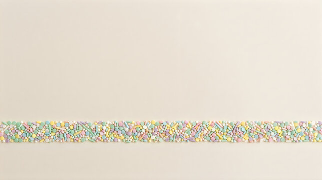 A horizontal line made of colorful sugar sprinkles on a bright light background