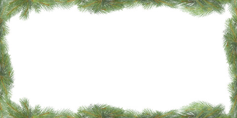 Fototapeta premium Christmas pine branch frame on a green background with space for text.