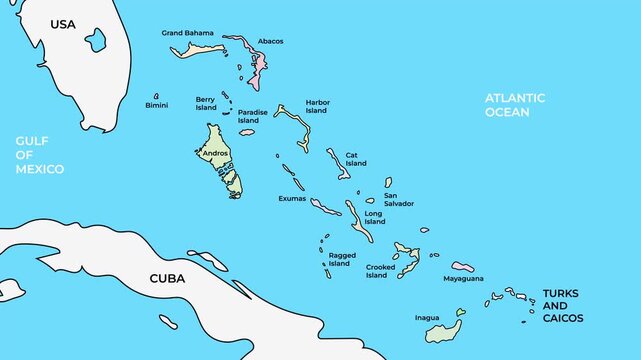 Bahamas map with districts and administrative island divisions, Caribbean nation borders animation on white background