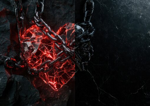 Symbolic broken heart symbol with chains and dark texture background
