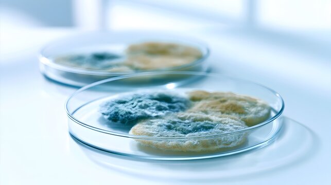 Petri dishes with fuzzy mold and fungal colonies in laboratory