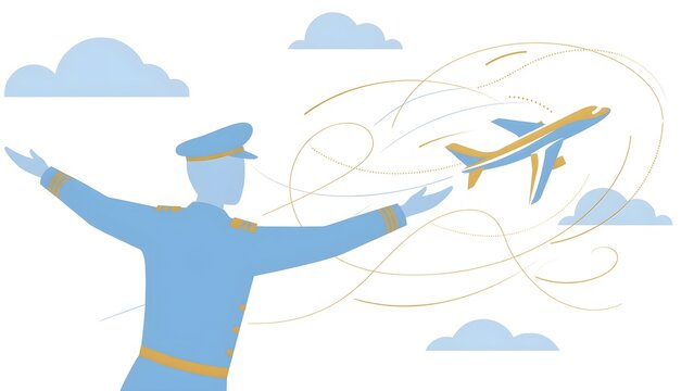 Modern Alegria Airline Pilot Sweeping Arms Guiding Stylized Vector Airplane Clouds Flight Paths Soft Sky Blue Gold Palette Isolated White Background