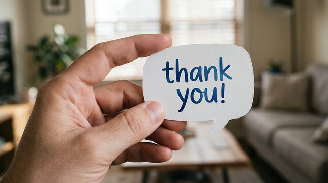 Hand holding a speech bubble with "thank you!" message, expressing gratitude and appreciation. A heartfelt thank you note for customer service, support, or a special occasion.