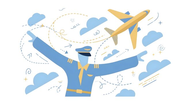 Modern Alegria Airline Pilot Sweeping Arms Guiding Stylized Vector Airplane Clouds Flight Paths Soft Sky Blue Gold Palette Isolated White Background