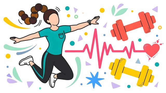 Dynamic Corporate Alegria Fitness Trainers Faceless Flowing Hair Leaping Powerfully Oversized Dumbbells Heart Rate Pulse Waves White Background