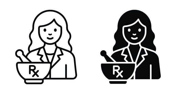 Female pharmacist icon with mortar and pestle rx symbol outline and solid