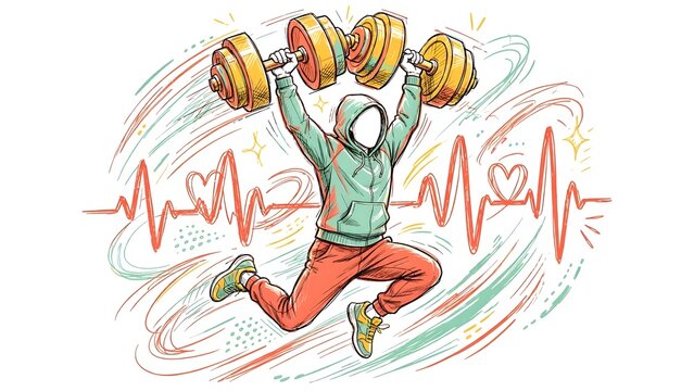 Dynamic Corporate Alegria Fitness Trainers Faceless Flowing Hair Leaping Powerfully Oversized Dumbbells Heart Rate Pulse Waves White Background