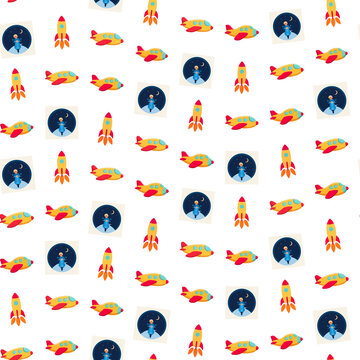 Seamless pattern of airplanes, rockets, and scooter riders