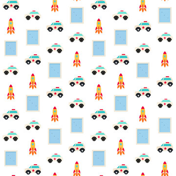 Seamless pattern of cartoon police cars and rockets