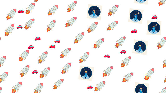 Seamless pattern of cartoon rockets, cars, and night scooter riders