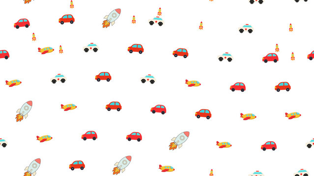 Seamless pattern of cartoon vehicles on transparent background