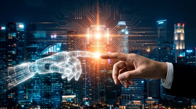Human and robot hands connecting with a glowing circuit board in a city with finger touches wireframe