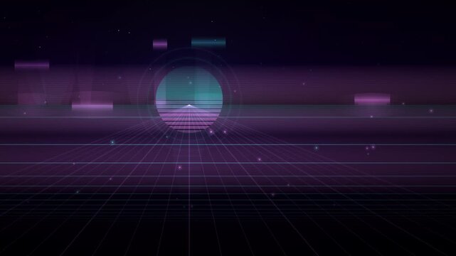 A looping digital landscape features a neon grid floor extending toward a glowing circular horizon under a dark starry sky.