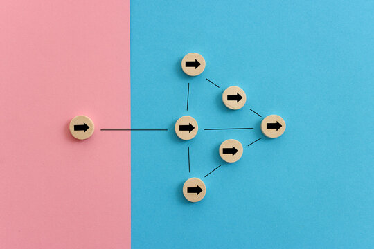 Arrows on wooden blocks, idea of thinking differently, setting goals and thinking about solution