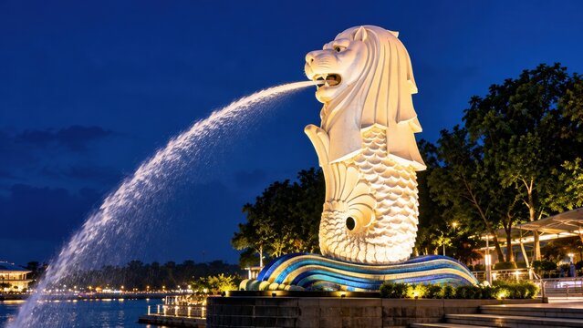 Illuminated merlion statue spraying water at night by the waterfront with city lights background bay