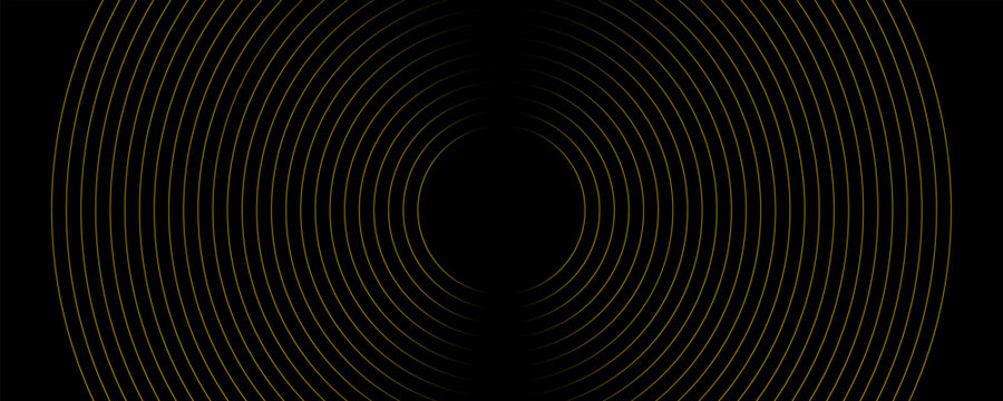 Abstract gold concentric line circles background on black, luxury geometric round swirl vector illustration for banner poster cover design