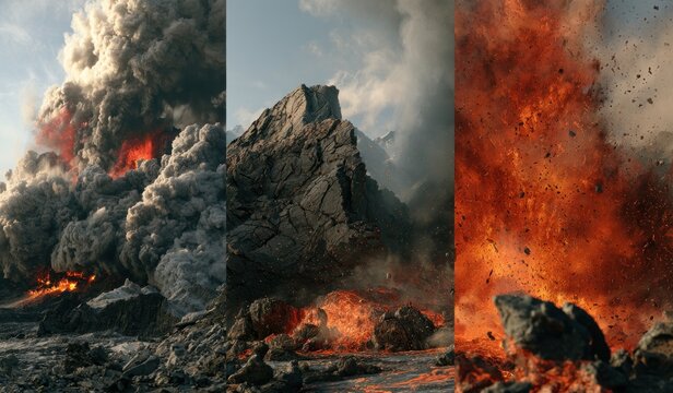 Dramatic volcanic eruption with flowing lava and smoke plumes
