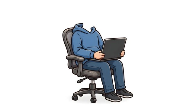Faceless office worker character illustration sitting in modern mesh office chair holding laptop computer isolated on solid clean white background