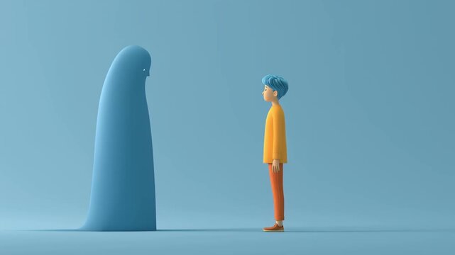 Playful blue monster emerging from the ground to greet a surprised cartoon boy with blue hair, symbolizing an encounter with the unknown, imagination, and the formation of a new friendship