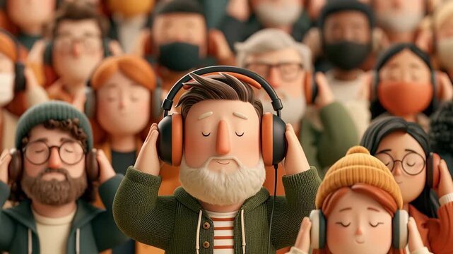 Diverse crowd of animated characters listening to music together on headphones, eyes closed in shared enjoyment. A central bearded man gently bobs his head to the rhythm of the audio