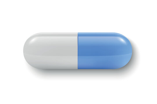 Blue Capsule Pill, Vector Illustration. 3d Capsule Pill with White Half. Capsule Pill Isolated. Medicine, Pharmacy, Health, Prescription, Treatment, Dosage, Pharmaceutical, Medical Design