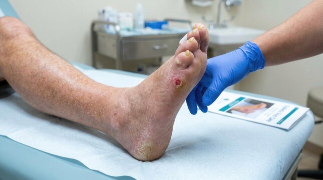 Diabetic foot examination: medical ulcer, sole wound, patient heel, doctor hand, clinic check, skin lesion, care process, glove touch, health issue, nurse assess.