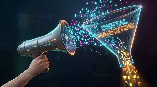 Digital marketing campaign megaphone projecting conversion funnel hologram