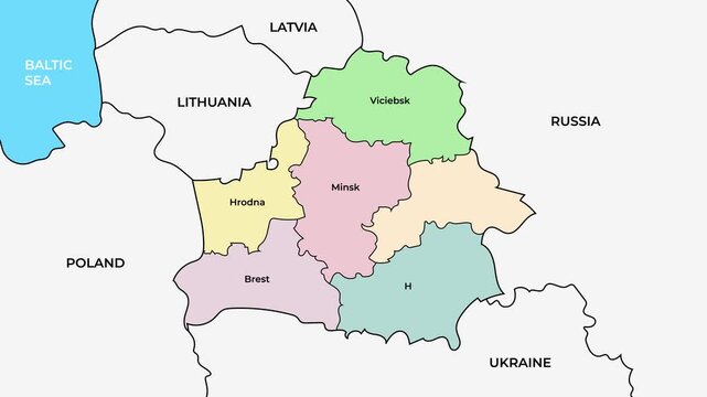 Belarus map with regions and districts, Eastern Europe country administrative boundaries animation on white background