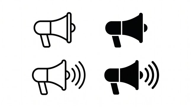 Set of four megaphone icons in outline with plain white background black graphic styles icons