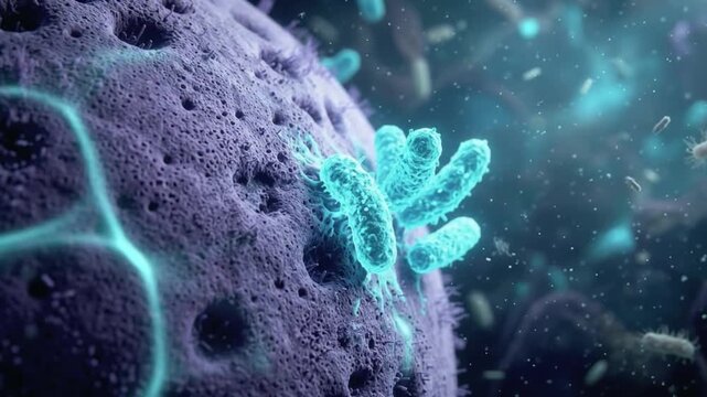 Extreme macro POV of glowing gut bacteria interacting with neural receptor