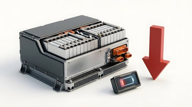 Electric vehicle battery pack with a low charge indicator and a red arrow pointing down isolated on white background