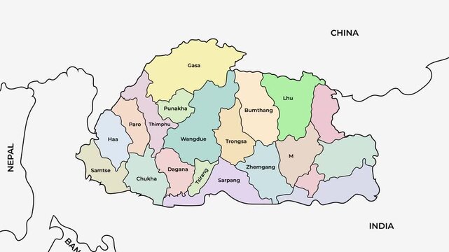 Bhutan map with districts and gewogs, Himalayas country administrative boundaries animation on white background