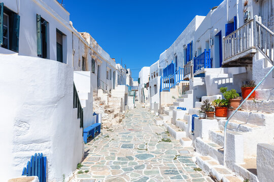 The beautiful old town Kastro of Folegandros island, Cyclades, Greece, with whitewashed houses and small alleys
