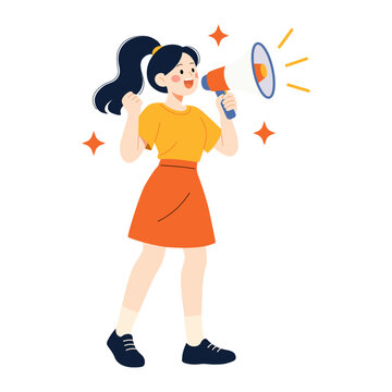 Flat Illustration of a Standing Ponytail Woman Holding Megaphone for Promotion, Announcement and Recruiting