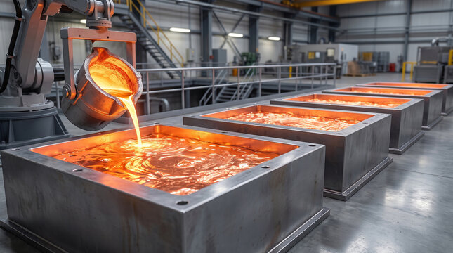 Robotic arm pours glowing molten metal into steel molds in a modern foundry facility