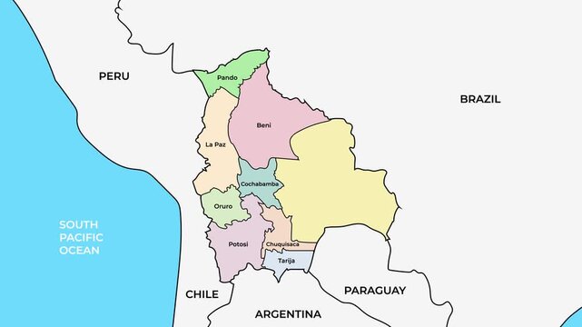 Bolivia map with departments and provinces, South America country regional boundaries animation on white background