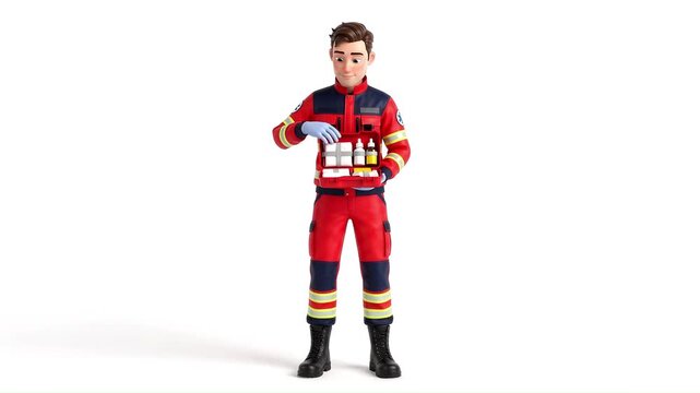 Stylized 3D paramedic inspecting a first aid kit against a clean white background. Professional emergency medical character animation for first aid education, emergency preparedness.