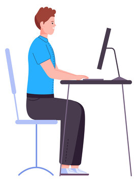 Guy sit at computer desk. Healthy working pose