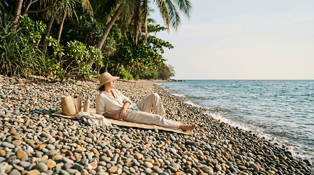 Female traveler relaxing in linen clothing and sunhat on a quiet tropical pebble beach