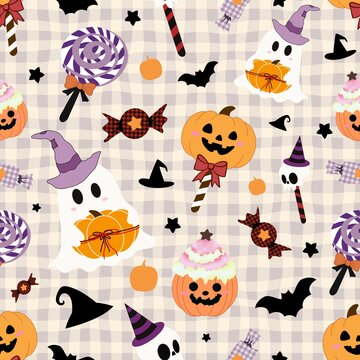 Cute Halloween Candy and Ghost Gingham Pattern