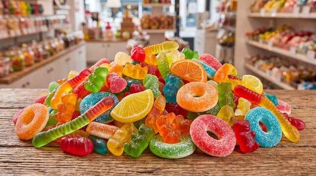 Pile of colorful gummy candies and jelly rings placed on a wooden surface inside a sweet shop background. Ideal for candy store packaging, confectionery food blogs, kids birthday party designs.
