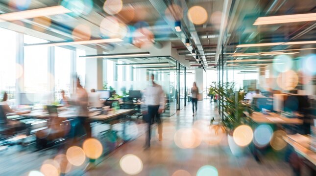 People walking through a modern open office space with motion blur and colorful bokeh lights overlay. Ideal for startup business websites, workplace articles, corporate presentation backgrounds.
