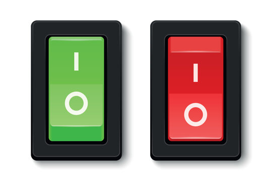 Rocker Switch Set, 3d Vector Illustration. Green and Red Rocker Switch with On Off Symbols. Electrical Rocker Switch Buttons for Power Control, Toggle Rocker Switch for Appliance, Electronics, Devices