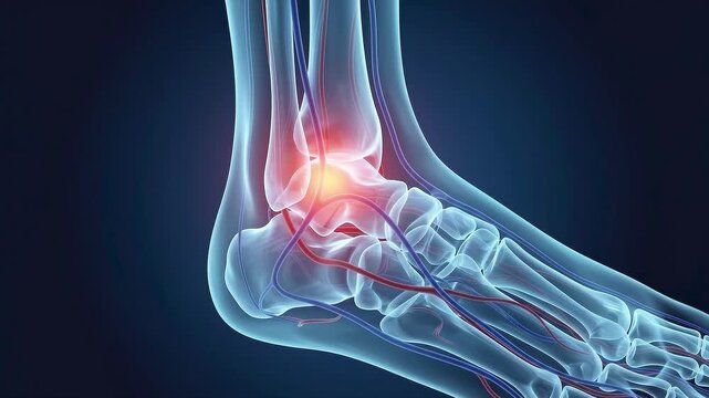 3d medical illustration of a human ankle joint showing pain and inflammation with glowing red area on skeletal foot anatomy with blood vessels and bones on blue background