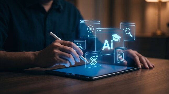 Person using a tablet with artificial intelligence educational interface with icons learning research