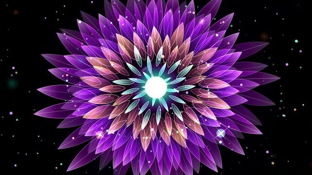 Abstract purple flower mandala animation with glowing particles and light rays, seamless motion background, for meditation and spiritual