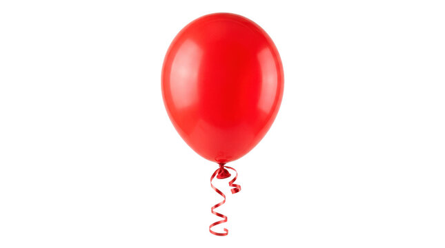 Red balloon, photorealistic single shiny red latex balloon with smooth inflated surface, tied neck and a thin curling ribbon attached below. Three-quarter studio product view, full-object framing,