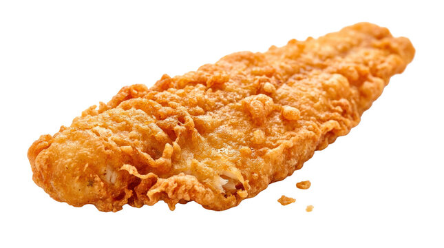 Fried fish fillet, photorealistic crispy golden battered fish with appetizing crunchy ridges, elongated shape and realistic flaky texture at the edges; three-quarter close-up view, tack-sharp focus,